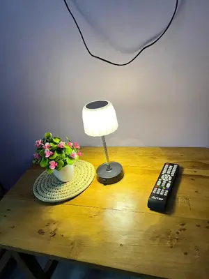 a lamp on a table with a plant and a remote control at Bushline Retreat in Karatu