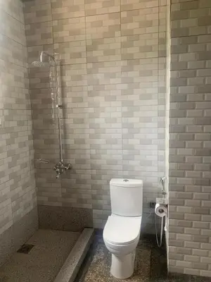 a bathroom with a toilet and a shower at Moshi Green Lodge in Moshi