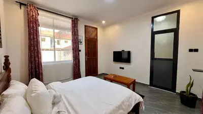a bedroom with a bed and a tv and a window at Domin Homestay in Arusha
