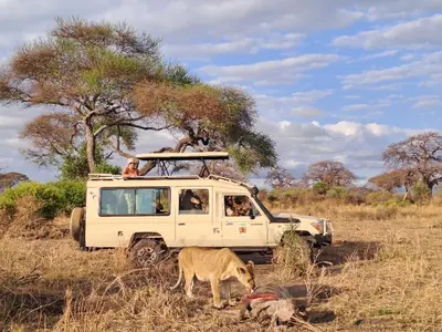 a group of people in a white vehicle in a field at Tarangire Greenland Retreat in Kaiti