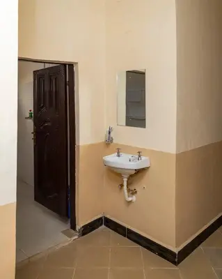 a bathroom with a sink and a mirror at Richard's Road Homestay in Boma la Ngombe