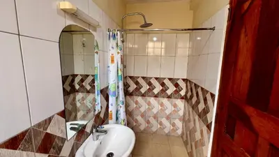 a bathroom with a sink and a shower at Runako Lodge in Arusha