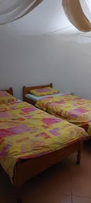 two beds sitting next to each other in a room at Haika Georges' Homestay in Arusha