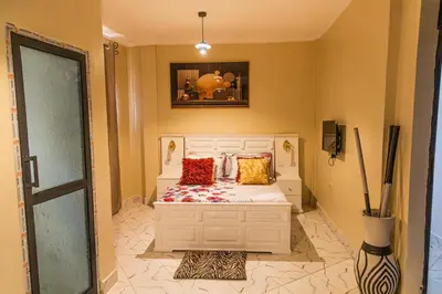 a bedroom with a white bed with pillows on it at lioness villa homestay in Arusha