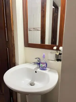 a bathroom sink with a bottle of soap on it at Rhovee Arusha in Arusha