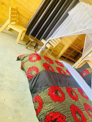 a umbrella with red flowers on it next to a chair at Twende Home lodge in Arusha