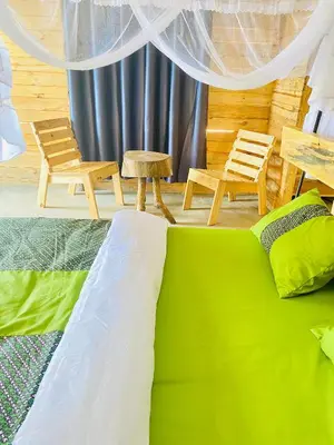 a green and white bed in a room with chairs at Twende Home lodge in Arusha
