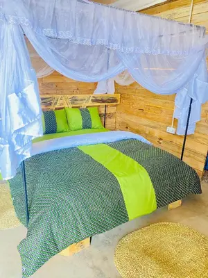a bedroom with a bed with a canopy and a rug at Twende Home lodge in Arusha