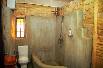 a bathroom with a shower and a toilet and a tub at Twende Home lodge in Arusha