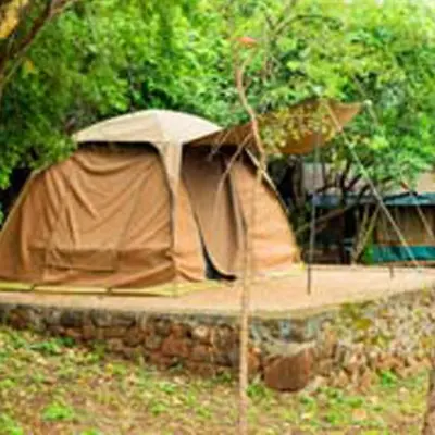 a brown tent in a field next to trees at Havennature Safari Camp and Lodge in Namalulu