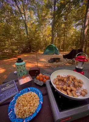 a table with food and a tent in the woods at Mawe Hillside Campsite in Arusha