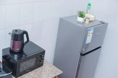 a blender on a counter next to a refrigerator at Sonia homes shared in Arusha