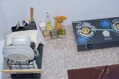 an aerial view of a kitchen counter with a stove at Sonia homes shared in Arusha