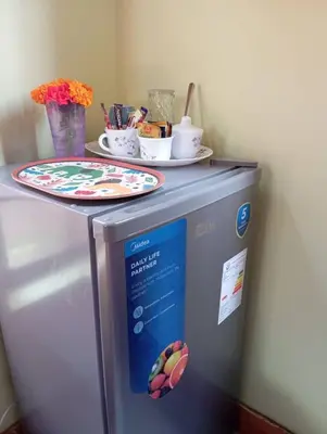 a refrigerator with a table on top of it at Tropical Garden Homestay in Arusha