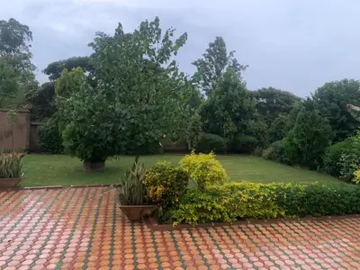 a garden with a brick walkway and trees at Aa peaceful resting home in Karatu