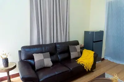 a black leather couch in a living room with a yellow pillow at Elite Homes in Arusha
