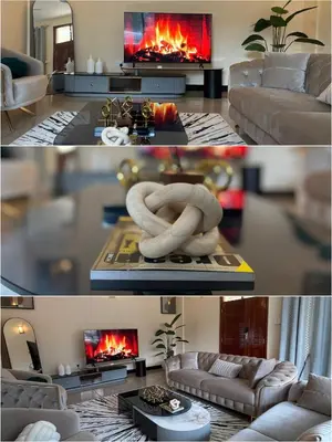 two pictures of a living room with a fireplace at Apartment in Arusha City Centre AICC in Arusha
