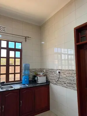 a kitchen with a counter and a sink and a window at Oasis HomeStay in Arusha
