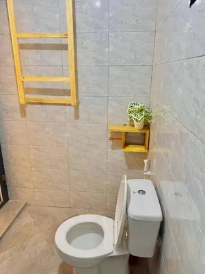 a bathroom with a toilet and a plant on a shelf at J&T Homestay in Karatu