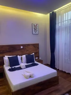 a bedroom with a large bed with white and blue pillows at Lavish 2 Bedroom in Arusha