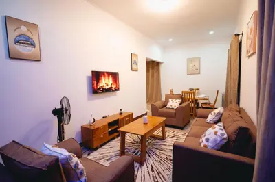 a living room with a couch and a fireplace at FREEDOM homes in Arusha