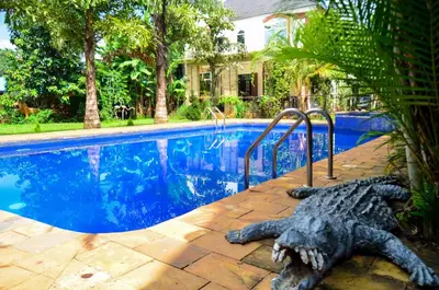a large crocodile laying next to a swimming pool at Chaga African Home in Moshi