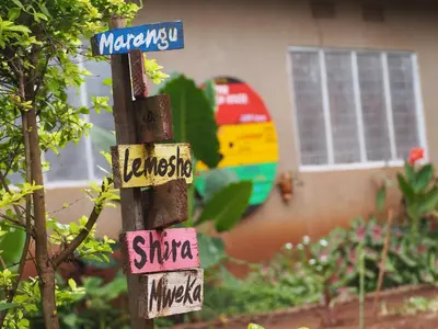 a wooden pole with street signs on it at freedom house in Msaranga