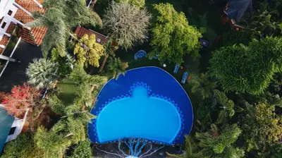 an overhead view of a blue pool in a park at Naibor Villa in Themi