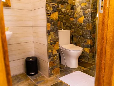 a bathroom with a toilet and a stone wall at Lastanza Safari Lodge in Moshi