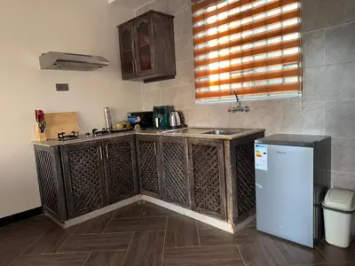 a kitchen with a sink and a refrigerator at Cj VILLA in Karatu