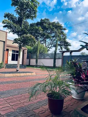 a courtyard with potted plants in front of a building at Cj VILLA in Karatu
