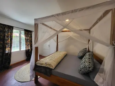 a bedroom with a canopy bed with pillows on it at House, towncenter, near to all good restaurants, in Arusha