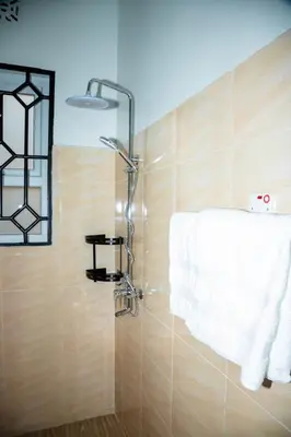 a bathroom with a shower with a white towel at FM Moshono Apartment in Arusha