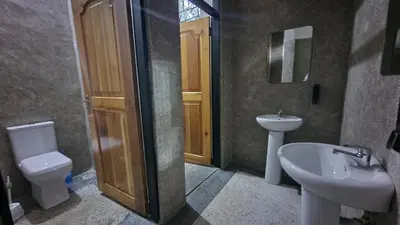a bathroom with a sink and a toilet and a shower at Kilimanjaro Village Hotel