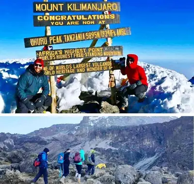 two pictures of people on top of a mountain with signs at Summit Scape Adventures Safaris Limited in Arusha