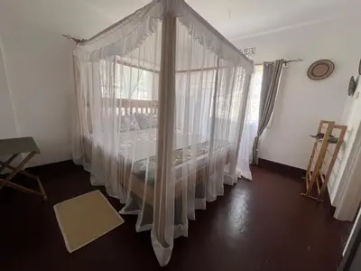 a bedroom with a canopy bed with white curtains at John's Place in Arusha