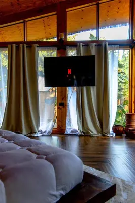 a bedroom with a bed and a large screen tv at Kilimani Villa in Moshi