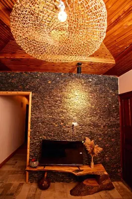 a living room with a stone wall and a chandelier at Kienyeji Wooden Rest Arusha in Nkoanrua