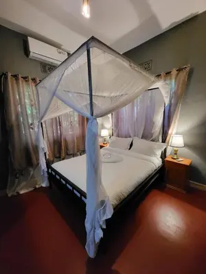 a bedroom with a bed with a canopy at Jangwani Riverview Suits in Mto wa Mbu