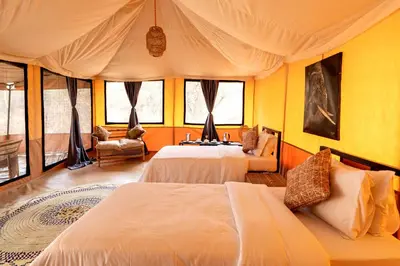 two beds in a room with yellow walls and windows at Ndutu Bush Camp in Endulen