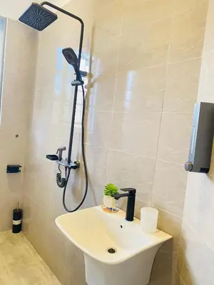 a bathroom with a sink and a shower at Ellys home Arusha in Arusha