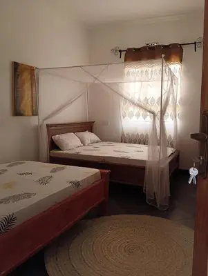 a bedroom with two beds and a window at Zebra Homestay in Mto wa Mbu