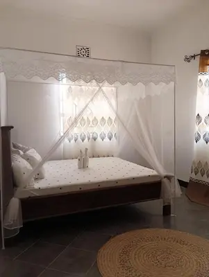 a bed with a canopy in a room at Zebra Homestay in Mto wa Mbu