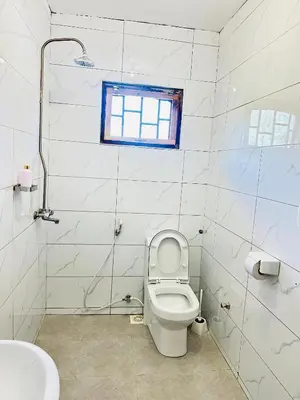 a white bathroom with a toilet and a window at KL shadow homes in Arusha