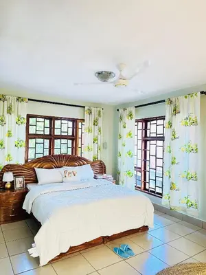 a bedroom with a large bed and two windows at KL shadow homes in Arusha