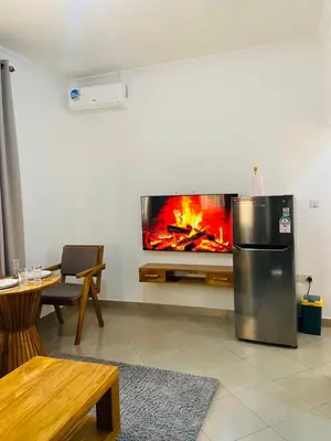a living room with a fire in a tv at Chama Haven Appartments in Tengeru