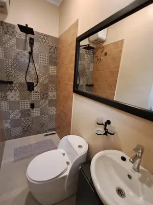 a bathroom with a toilet and a sink and a mirror at Mboyahomes in Arusha