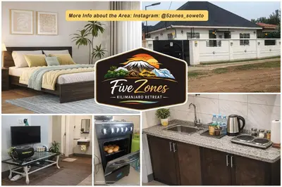 a collage of pictures of a house with a fire stove at Five Zones - Private 4-Bedroom Holiday Home in Moshi
