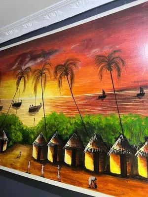 a painting of a beach with palm trees and houses at Esther Villas Home in Boma la Ngombe