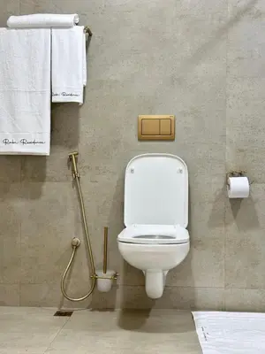 a bathroom with a white toilet and towels at French Unit - ground floor sleeps 2 in Arusha